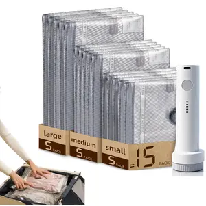 Cordless Travel Vacuum Storage Compression Bag Set with Rechargeable air Pump 15 Pack Waterproof &Reusable Compression Packing Bags for 3Size, 140L/Min Powerful Air Removal,Perfect for Carry-On Suitcases Mother’s Day Gift Idea