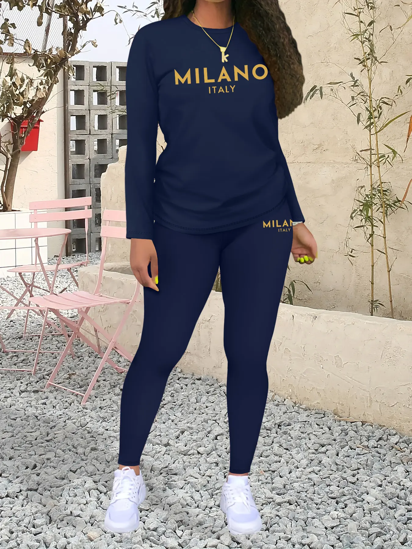 MILANO Letter Print Women's Casual Sportswear Two-Piece Set, Casual Sporty Set, Sweatsuit Matching Set, Fashionable Long Sleeve Top & Tight Pants, Sportswear Outfit, Fall & Winter