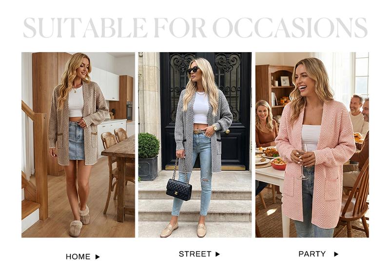 Sidefeel Womens 2026 Spring Outfits Long Sleeve Open Front Striped Cardigan Sweaters Chevron Chunky Knit Sweaters Coat