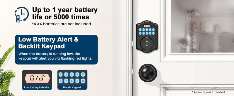 52hz AI Smart Fingerprint Door Lock with Code, Voice Guide, Password lock, Auto Lock, Easy to Install, Black Security-A3