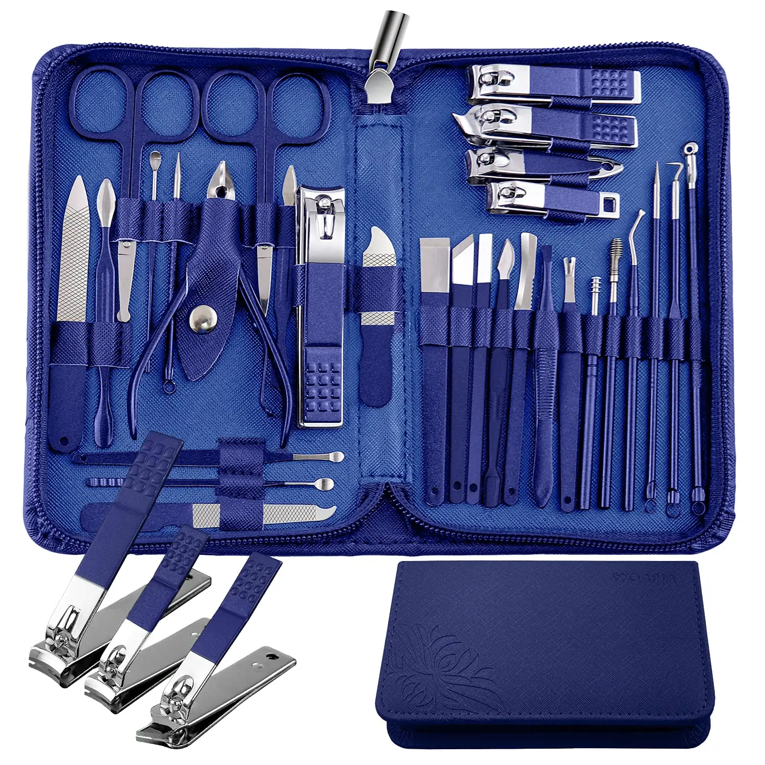 30 Piece Rustproof Stainless Steel Nail Care Set, Reusable Portable Travel Size Beauty Tool Kit with Folding Bag, Nail Clippers, Pedicure Scissors (Blue, for Home/Travel Manicure & Pedicure)