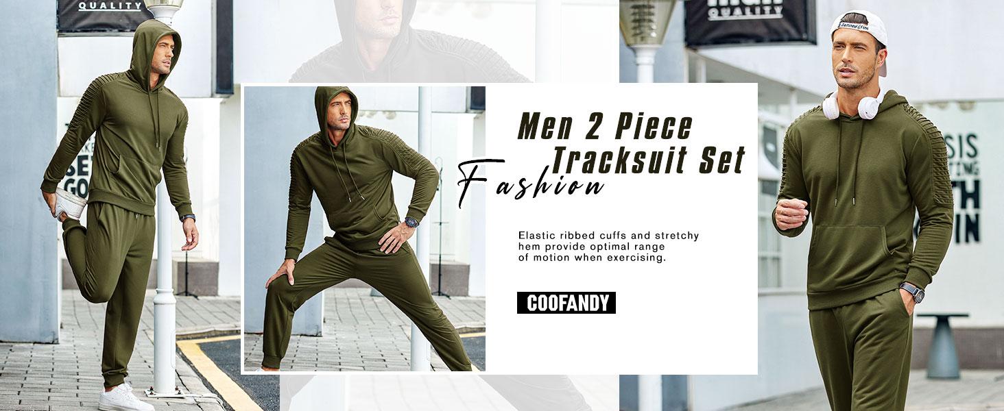 Coofandy Thin Men's Tracksuit 2 Piece Hoodie & Long Pants Set - Pleated Fabric, Kangaroo Pocket, Elastic Drawstring, Casual Jogging Athletic Suits