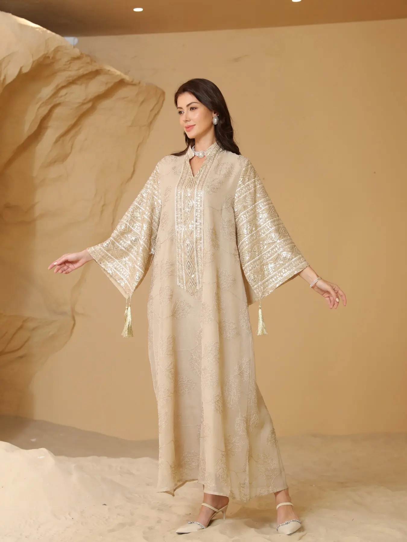 Women's Embroidery Long Sleeve Woven Fabric Dress Robe, Evening Dresses, Elegant Modesty Dress Chic Fringe Trim Arabic Womenswear Clothing Garment for Party Evening Formal Occasions,Ladies Clothes for All Seasons