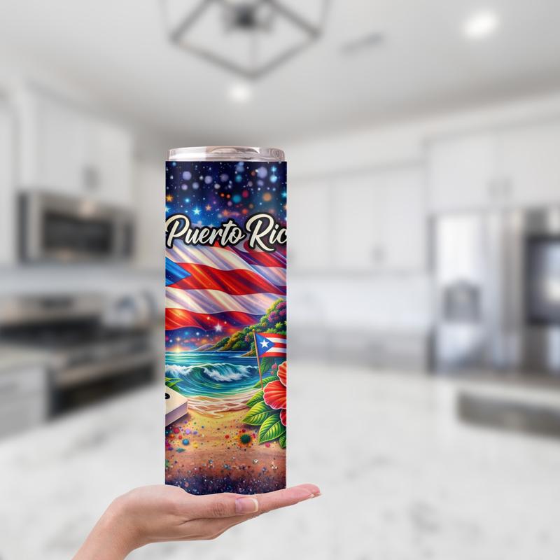 Puerto Rico Stainless Steel 20oz Tumbler with Plastic Straw and Clear Lids.  Drinkware Water Bottles