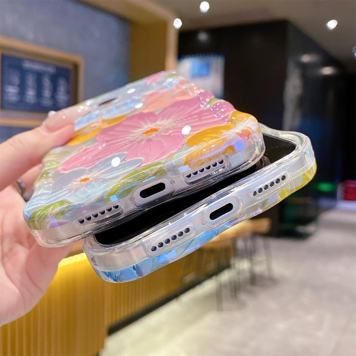 Colorful Retro Oil Painting Flower Pattern Compatible with iPhone 17 Pro Max/ 16/15/ 14/13,Pretty Glossy Pattern Wave Cover Cute Sparkly Floral TPU Protective Case for Women and Girl