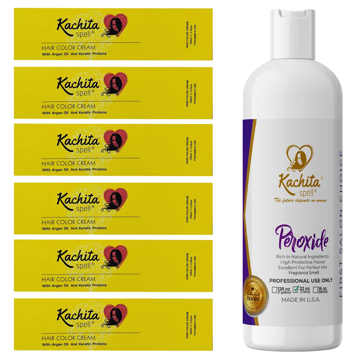 Kachita Spell Professional Hair Dye Kit - 6 Custom Shade Boxes, 1L Developer/Peroxide, Argan Oil & Keratin Haircare for Dry/Textured Hair, UV Shield, Permanent Alternative Color (Ash, Blonde, Highlights, Black, Red, Natural)