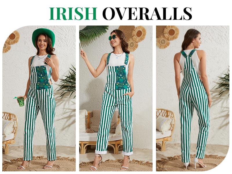 Yuanbang St Patrick's Day Overalls for Men Lucky Irish Romper Green Stripes Print Bib Stretch Denim Coveralls Adjustable Straps Jumpsuit Holiday Menswear Festival Beer Party Mardi Gras Outfits Dad Gifts Football Outwear