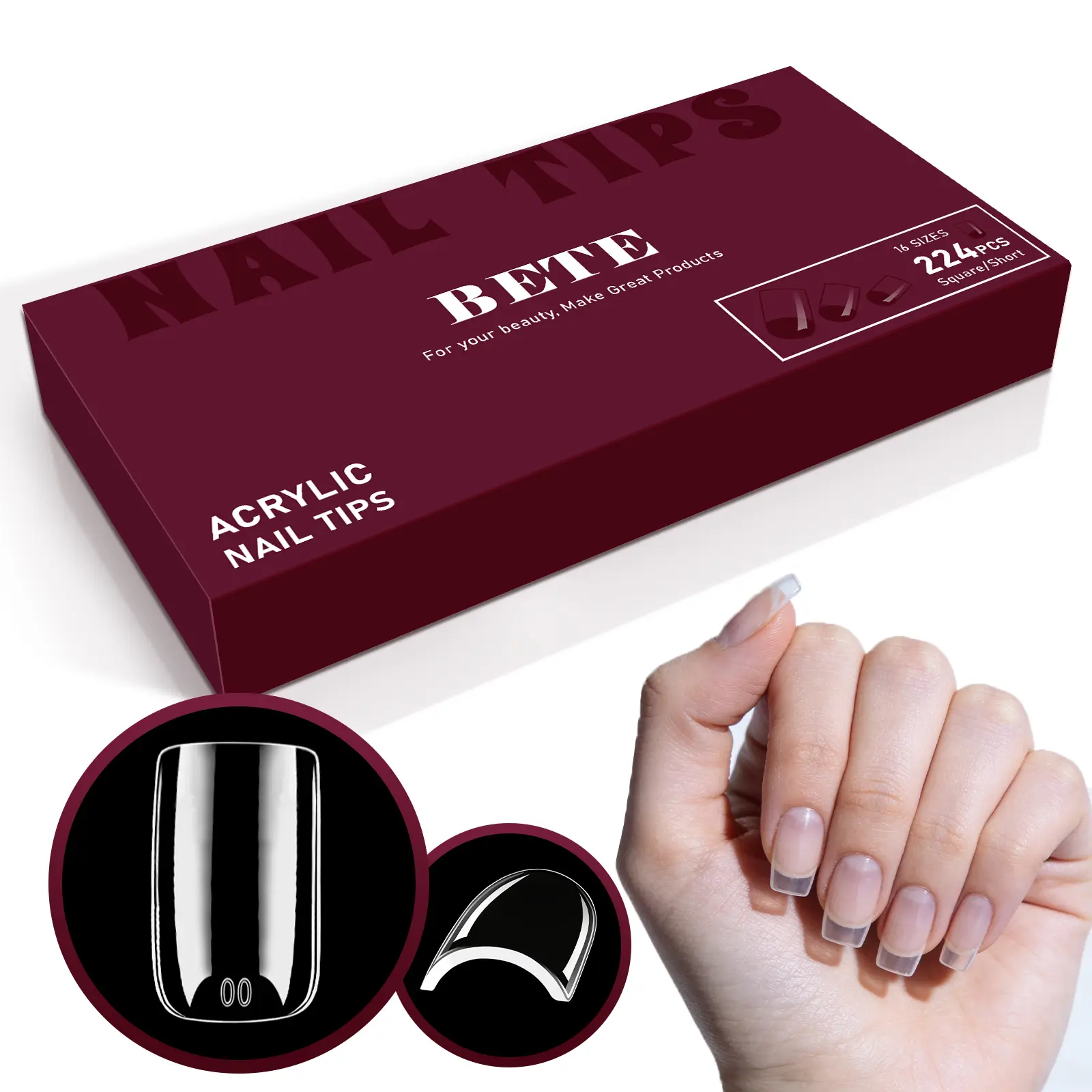 BETE  224PCS Square Nail Tips, Clear Acrylic Full Cover, Pre-Shaped Strong, Extra Thick Press on Nails for DIY Manicure at Home & Salo