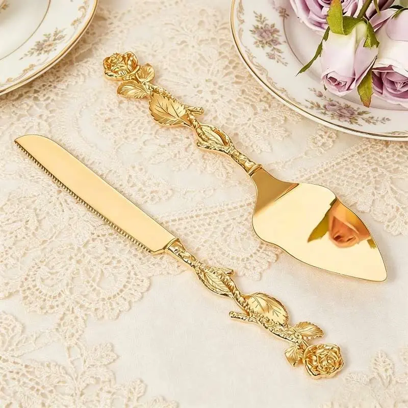 Personalized Gold Cake Cutting Set, Engraved Cake Knife & Server, Wedding Bridal Shower Gift, Custom Pizza Pie Pastry Cutter Server for Birthday Party (F‑Rose)