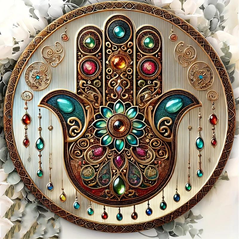 Support customization based on provided images Bohemian Religious Gem Hand Aluminum Sign - Multifunctional Round Decor, Perfect for Home, Garden, Porch & Living Room Wall Art