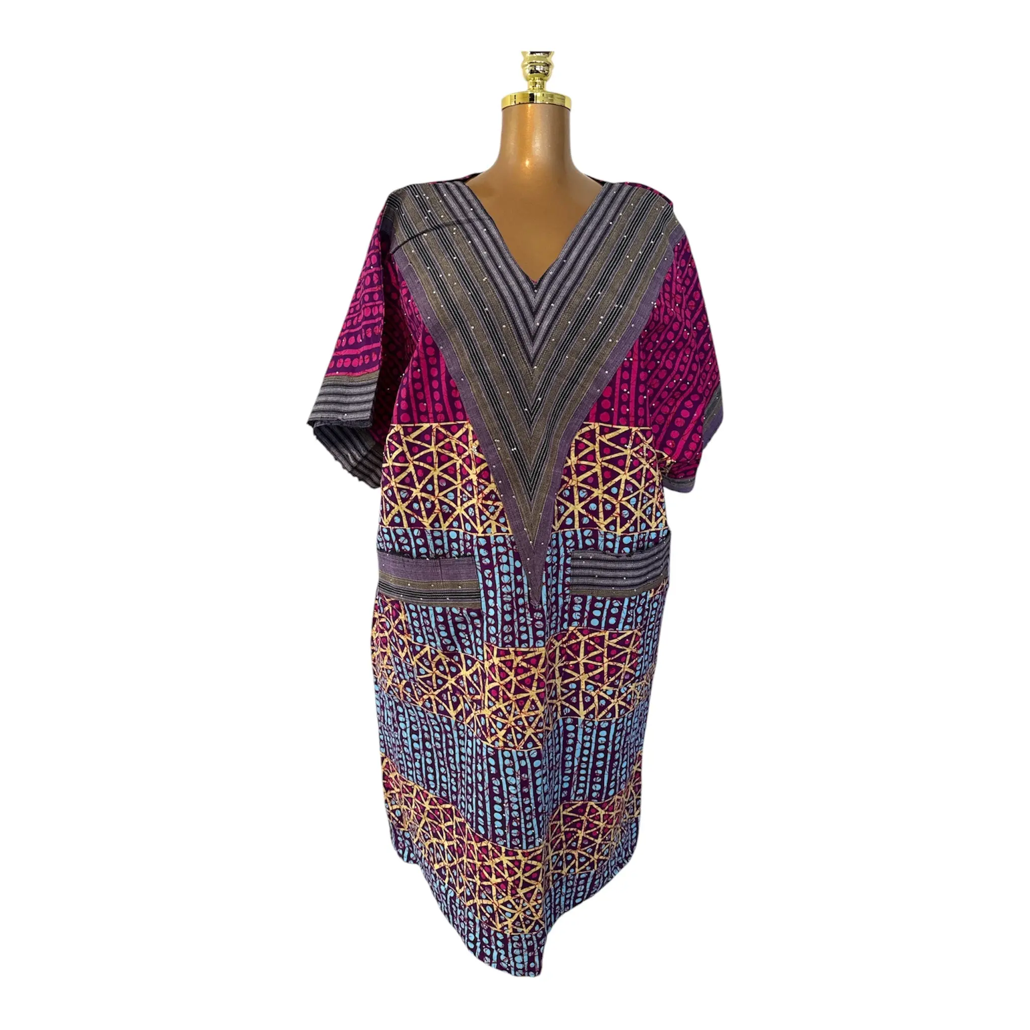 Women's Casual Mandy Cotton Stoned Ankara-and-Asoke Short Bubu Dress with Pockets, Womenswear