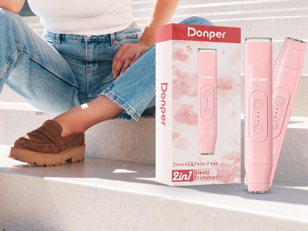 Donper Bikini Trimmer for Women, 2 in 1 Electric Razors for Shower&Travel, IPX7 Waterproof Pubic Hair Remover for Underarm, Legs & Bikini Area, Painless Razor,Hypoallergenic Foil & Ceramic Blades