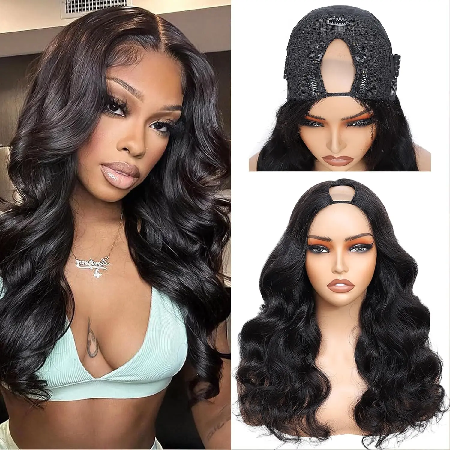 V Part Wig Human Hair Body Wave 180% Density Glueless Remy Half Wig No Leave V Part Wig Human Hair Body Wave No Leave Out No Glue  main image 2