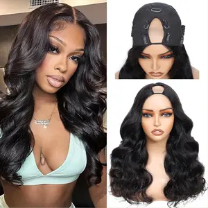 V Part Wig Human Hair Body Wave Upgrade U Part Human Hair Wig With Adjustable Drawstring 180% Density V Shape Clip In Half Wig For Women Natural Color