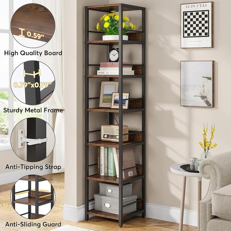 LITTLE TREE 6-Tier Corner Shelf, 75 Inch Tall Narrow Bookshelf Storage Rack, Etagere Shelves Display Stand for Small Spaces, Rustic Open Bookcase Square Shelf Tower for Living Room, Bathroom, Office, and Bedroom