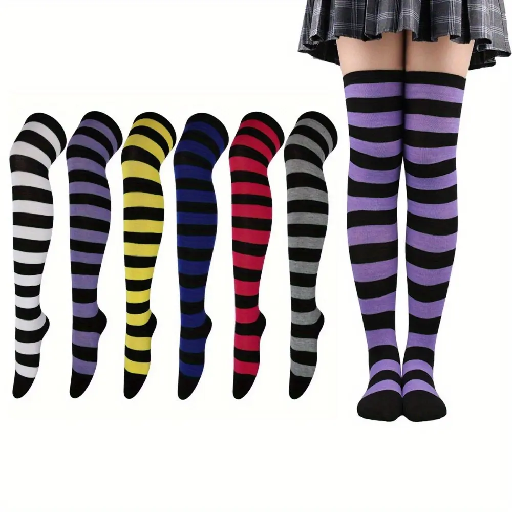6 Pairs Women's Thigh High Socks, Striped Over The Knee Long Socks, Soft Stretchy Breathable High Socks with Non-Slip Silicone Band for Cosplay, School Uniform, Daily Wear