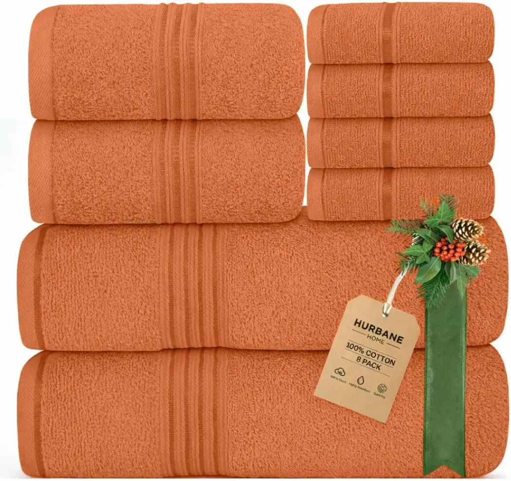 Hurbane Home Plain 8-Piece 100% Premium Cotton Towel Sets - 2 Bath, 2 Hand, 4 Washcloths - Ultra Soft, Highly Absorbent Bathroom Accessories for Home Use with Reusable Pouch
