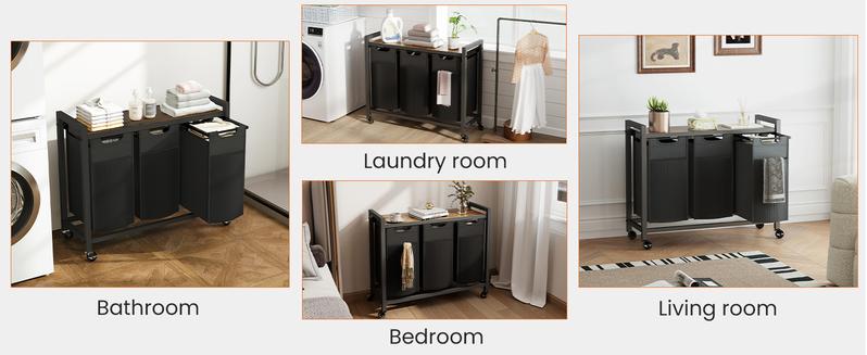 Laundry Hamper, Laundry Sorter with Shelf, Clothes Basket Organizer with 2 Pull-Out and Removable Bags, Movable Wheels for Laundry Room Bathroom Bedroom, Metal Frame, Black