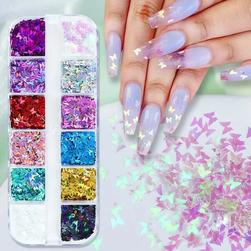 Holographic Laser Butterfly Nail Charms Flake Sparkly Golden Silvery Glitter Sequins Nail Supplies For Professionals Accessories