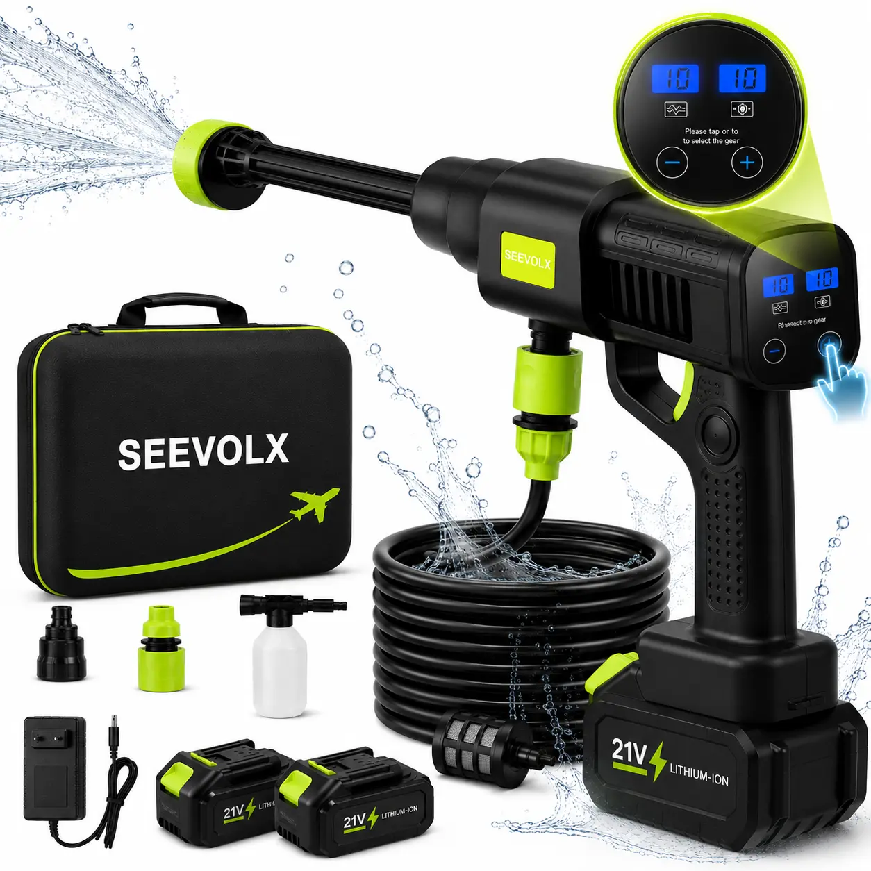 【Exclusive Offer】SEEVOLX Touchscreen Brushless Cordless Pressure Washer, Adjustable Water Pressure, 2 Batteries, Aviation Carry Case & Multi-Nozzle Kit for Car Washing, Patio, Driveway, Garden, Window and Outdoor Cleaning Pressure Power Washers Battery Op