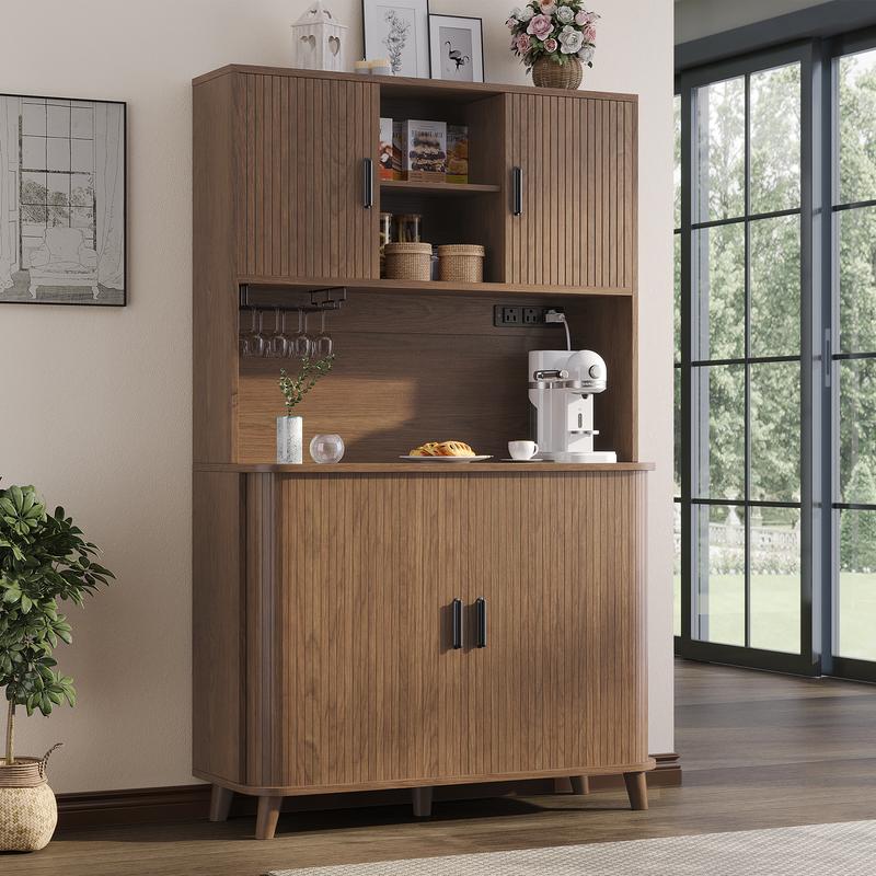 Aowos 71” Pantry Cabinet with Charging Station, Tall Kitchen Storage Cabinet with 2 Sliding Tambour Doors, Hutch Bar Cabinet with Built-in Wine Rack and Adjustable Shelves, Freestanding Buffet Sideboard for Kitchen, Dining Room, Walnut, Black, Natural