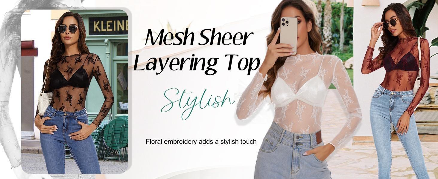 WoodBerry Women's Lace Mesh Tops Long Sleeve Floral Lace Blouse Sheer Mesh Mock Neck Layering Top with Cowl Neckline & Floral Embroidery Stylish Turtleneck Womenswear