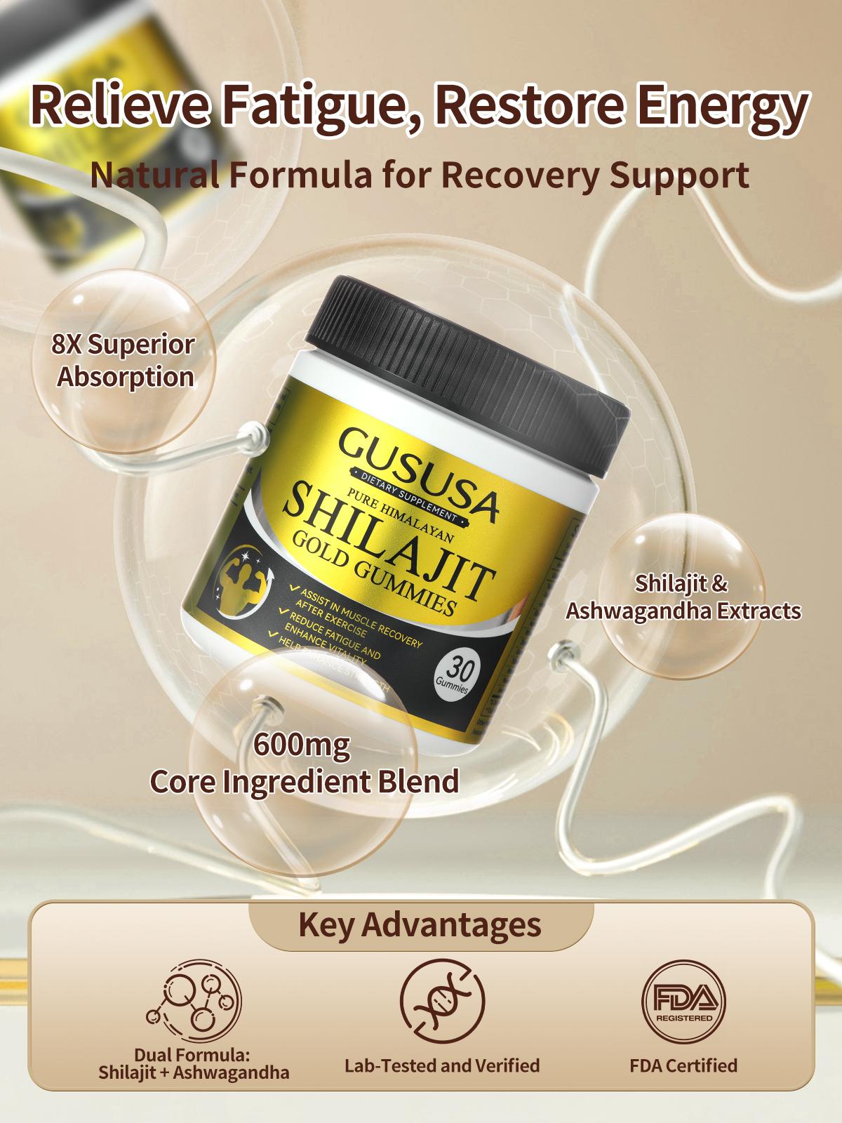 GUSUSA Pure Himalayan Shilajit Gold Gummies, Sugar-Free & Vegan, Sports Recovery Support for Athletes, Daily Fatigue Relief, 30 Count