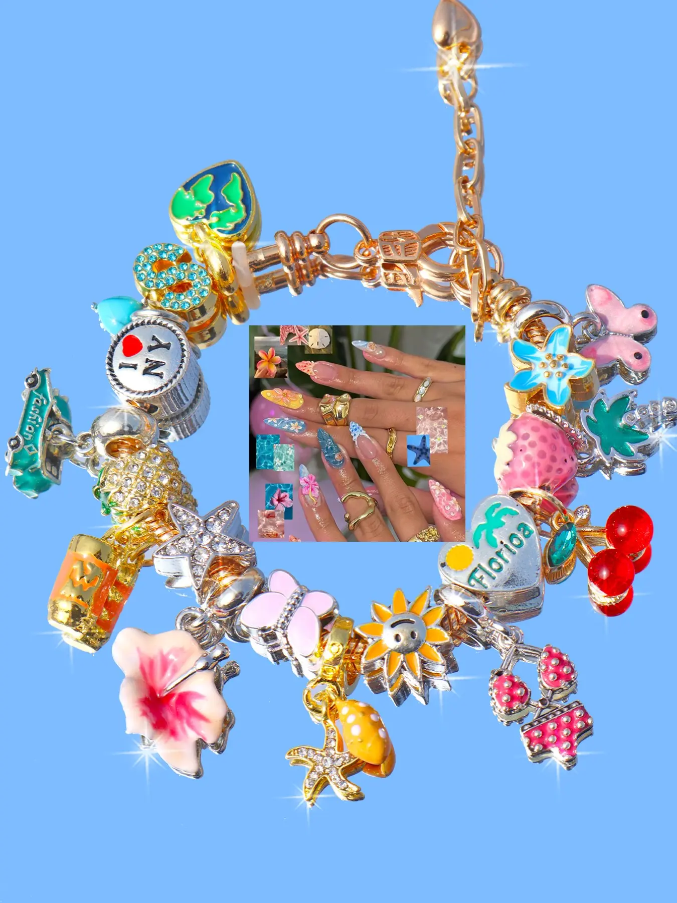 Beach Vacation Style Charm Bracelet, Starfish Shell Bracelet, Cherry Blossom Bikini Bracelet, Cute Cherry Strawberry Bracelet, Fashionable Bracelet Style