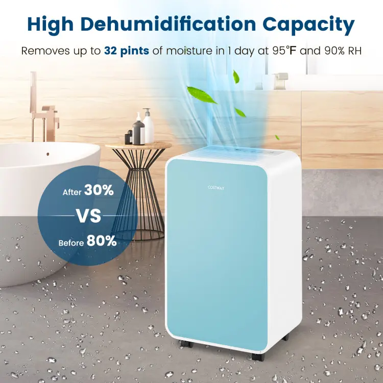 COSTWAY 2500 Sq. Ft Dehumidifier for Basement, 32 Pints Portable Quiet Dehumidifier with Sleep Mode, 24H Timer, Auto Shut Off, Auto Defrost & Drain Hose for Basement Bathroom