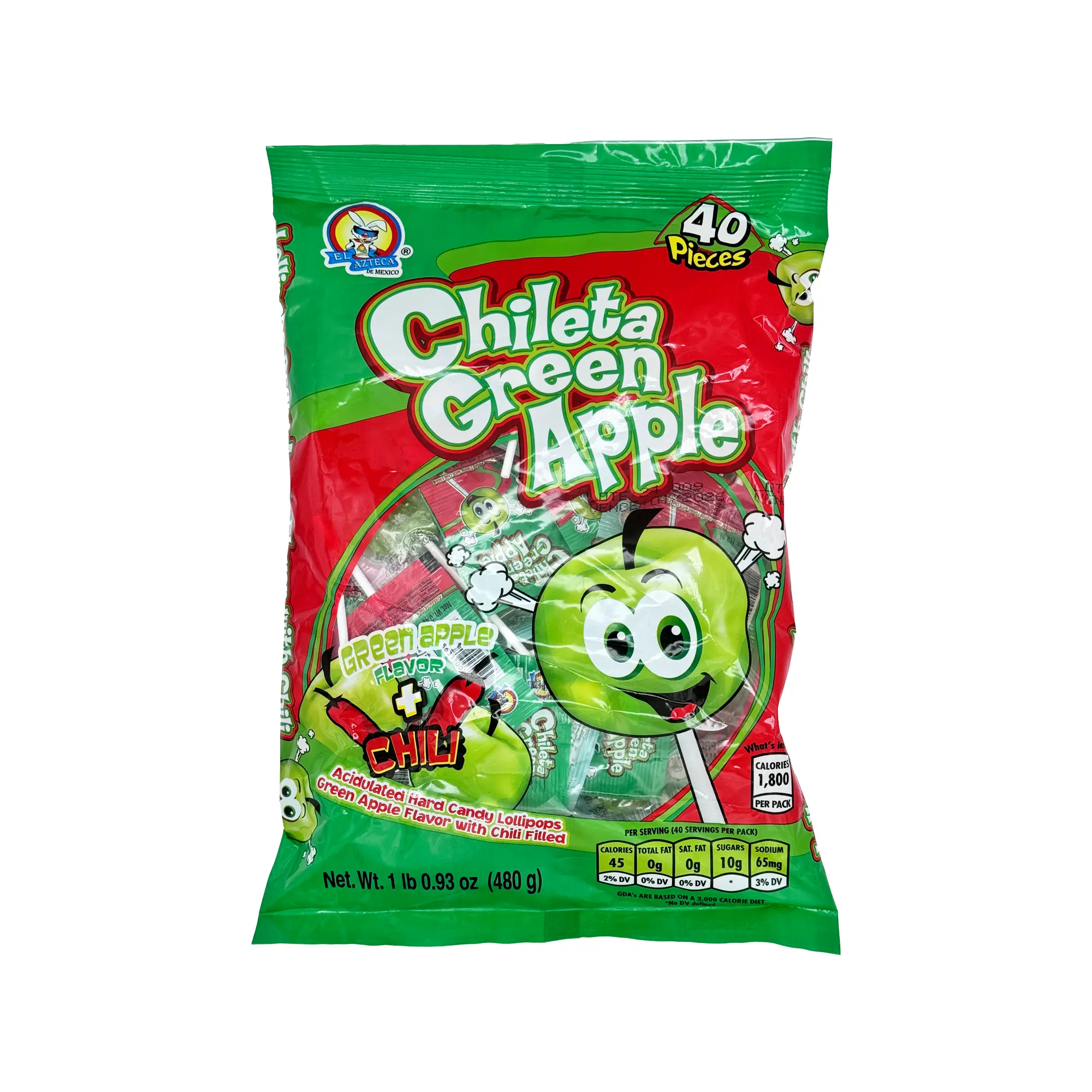 Chileta Green Apple Lollipop with Chili Spicy Mexican Sucker 40 Pieces Dulces Mexicanos Sweet Candy Snack Bonbon Sugar Candies