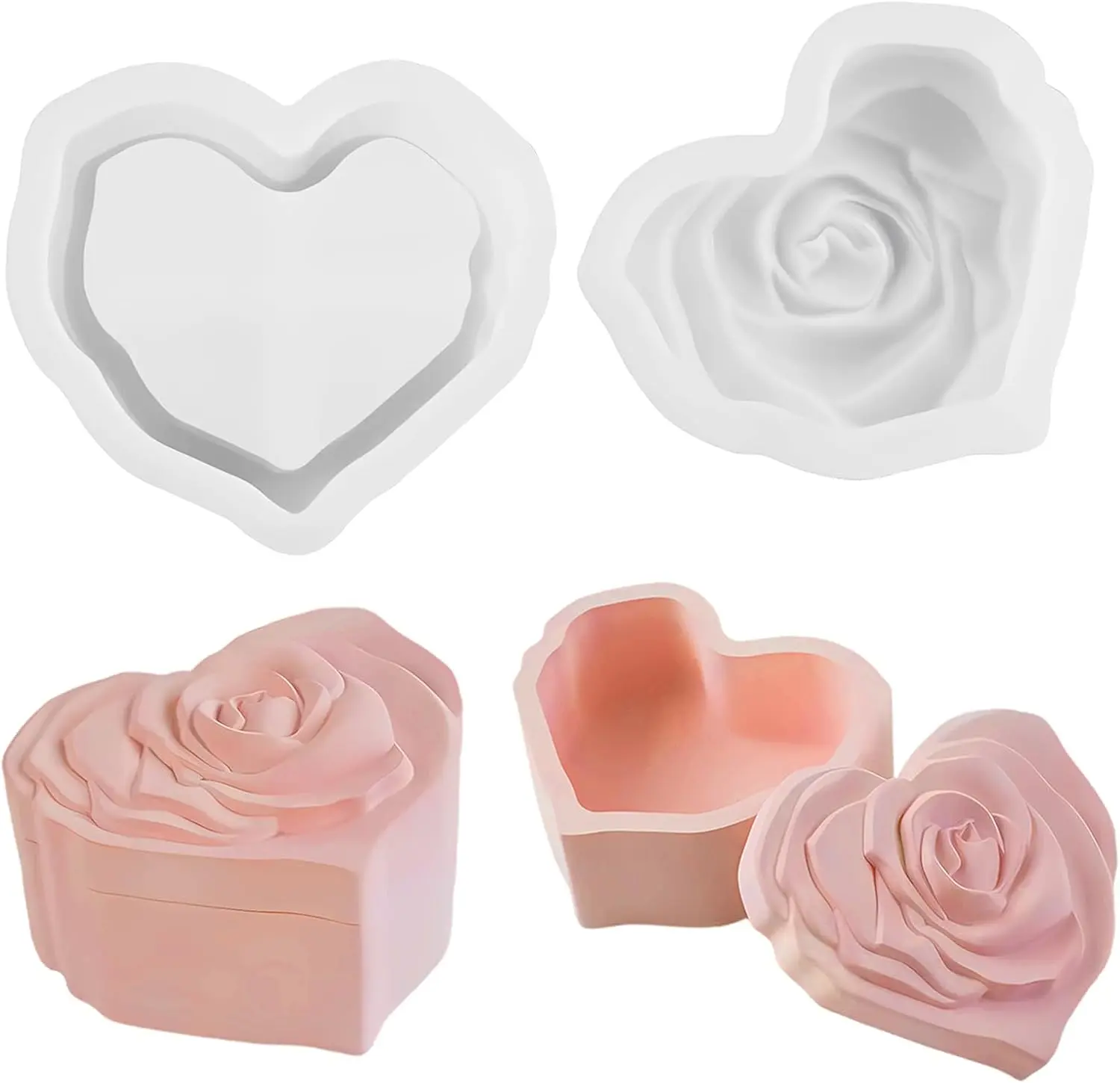 Heart Shape Resin Jar Mold with Lid,Silicone Jewelry Box Molds with Rose Epoxy Molds,Heart Storage Box Casting Mould Concrete Planter Mold for Earrings, Necklaces, Lipsticks, Candy Storage