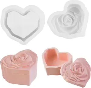 Heart Shape Resin Jar Mold with Lid,Silicone Jewelry Box Molds with Rose Epoxy Molds,Heart Storage Box Casting Mould Concrete Planter Mold for Earrings, Necklaces, Lipsticks, Candy Storage