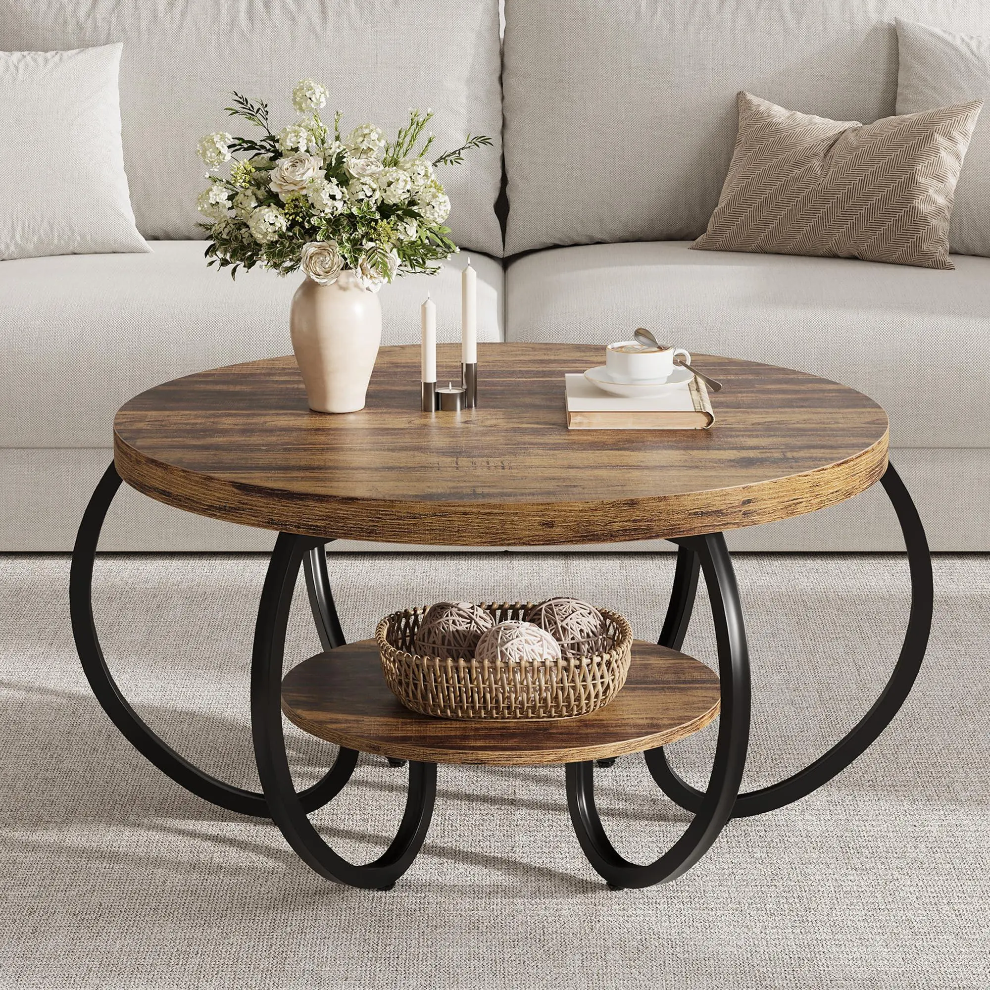 Gaomon 30.3 in Tabletop Round Coffee Table - 2-Tier Outdoor Heavy Duty Center Table with Adjustable Legs, Storage Shelf, 17.71 in Lower Shelf, Wood Grain Engineered Wood, Metal Base, Easy Assembly, 100 lb Capacity for Living Room, Coffee Tables