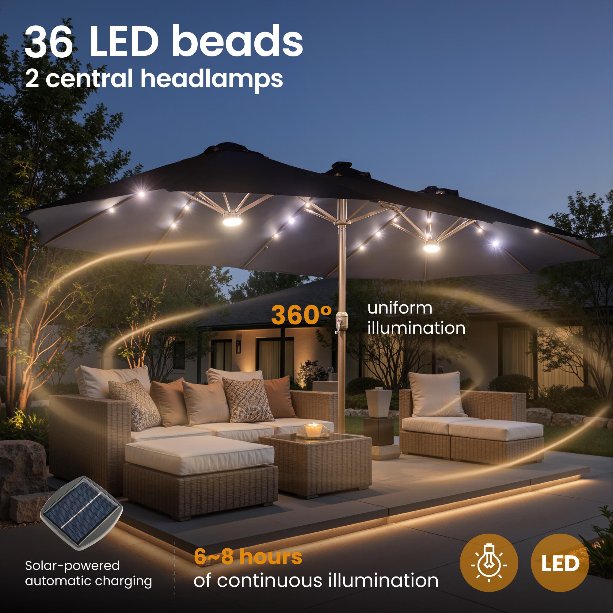 【Rainbow Lighted Umbrella & Table】Ovios 15ft Double-Sided Patio Umbrella with Solar Lights & Umbrella Hold Table, Outdoor Large Umbrellas with Crank Handle and 36 LED Lights, Rectangular Market Umbrella with Base Included for Deck Pool Shade
