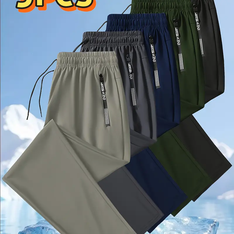 Men's Ice Silk Straight Leg Joggers - Loose-Fitting, Mid-Stretch Plain Fabric, Elastic Waistband, Pockets, Breathable Jogging Pants, Durable Material, Outdoor-Sport Ready, Machine Washable Athletic Pants for Casual Wear