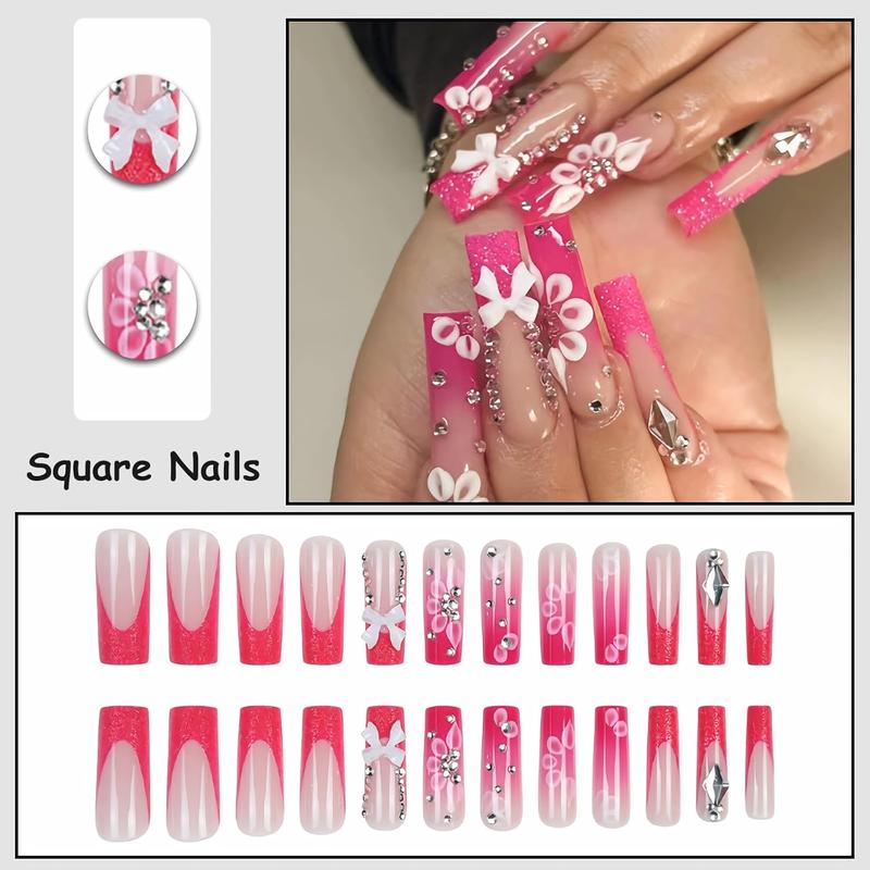 24 pcs Press on Nails - Long Square Glue on Nails with Hot Pink, Acrylic Bling Glitter Rhinestone Design