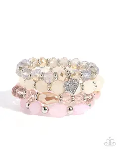 Adorable Array - Pink White Bead Silver Heart Stretchy Bracelet Stack - Paparazzi