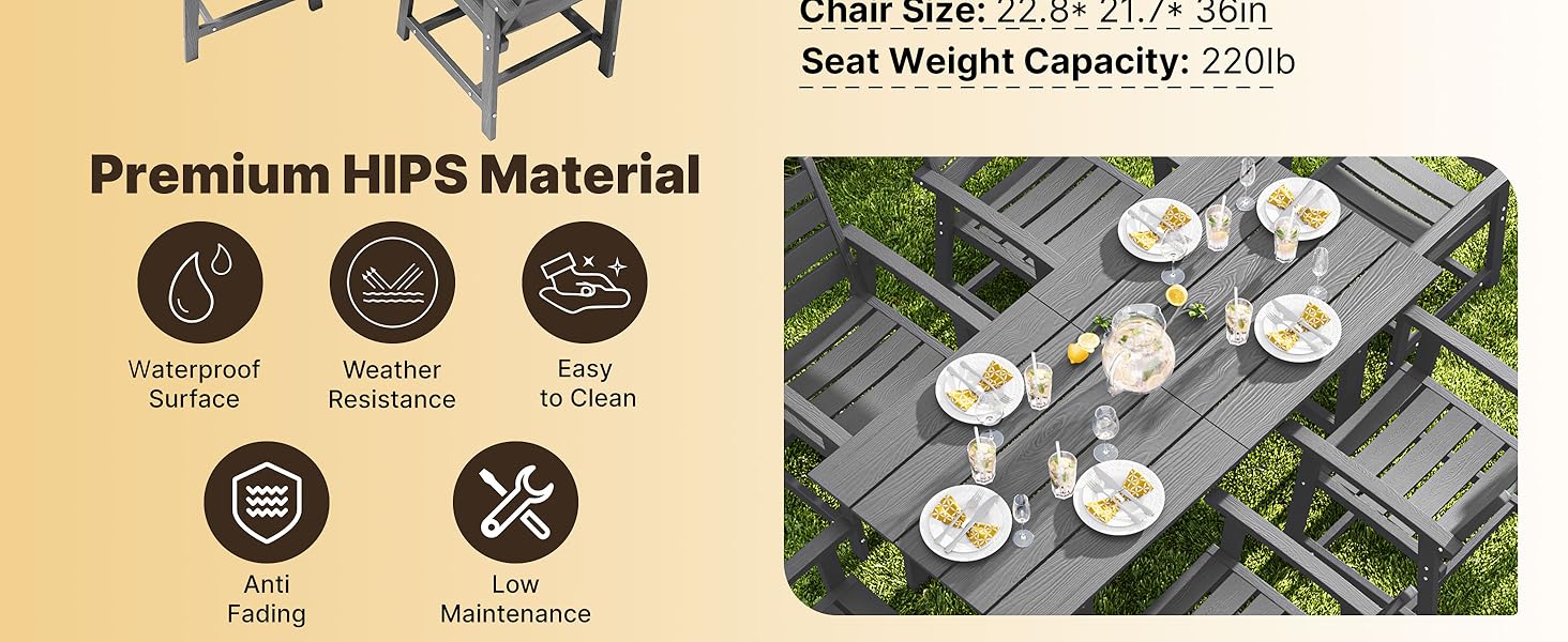 Gizoon 7 Piece HIPS Patio Furniture Set, Dining Table and Chairs for 6, Outdoor Dining Table Sets with Umbrella Hole, Patio Dining Set for Garden, Backyard, Lawn, Grey