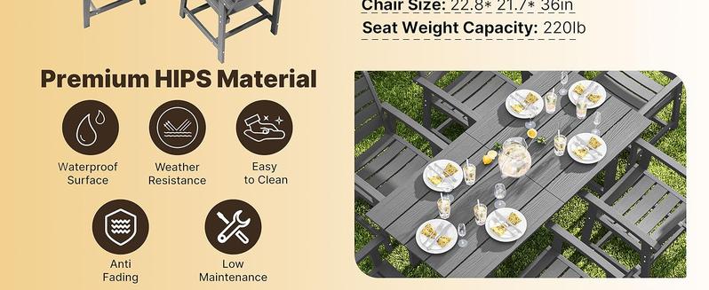 Gizoon 7 Piece HIPS Patio Furniture Set, Dining Table and Chairs for 6, Outdoor Dining Table Sets with Umbrella Hole, Patio Dining Set for Garden, Backyard, Lawn, Grey