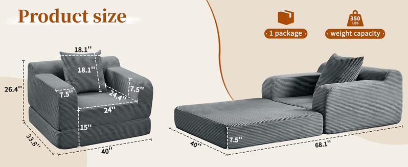 Corduroy Futon Sofa Bed Couch, Single Comfy Boneless Chaise Lounge with Backrest, Armrests and Pillow, Small Sofa Couch for Living Room Bedroom, 40" W