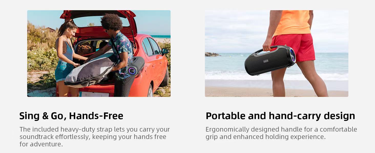 Vocan Portable Bluetooth Speakers 200W Peak Sound Deep Bass IP65 Waterproof Outdoor w 2 Subwoofer Tweeter DSP Bass Boost Fast Charging TWS TF USB AUX 24H Playtime Audio