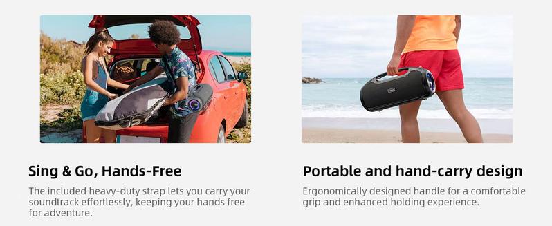 Vocan Portable Bluetooth Speakers 200W Peak Sound Deep Bass IP65 Waterproof Outdoor w 2 Subwoofer Tweeter DSP Bass Boost Fast Charging TWS TF USB AUX 24H Playtime Audio