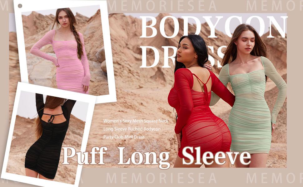 OYS Women's Sexy Long Sleeve Ruched Bodycon Stretchy Mini Party Club Dress