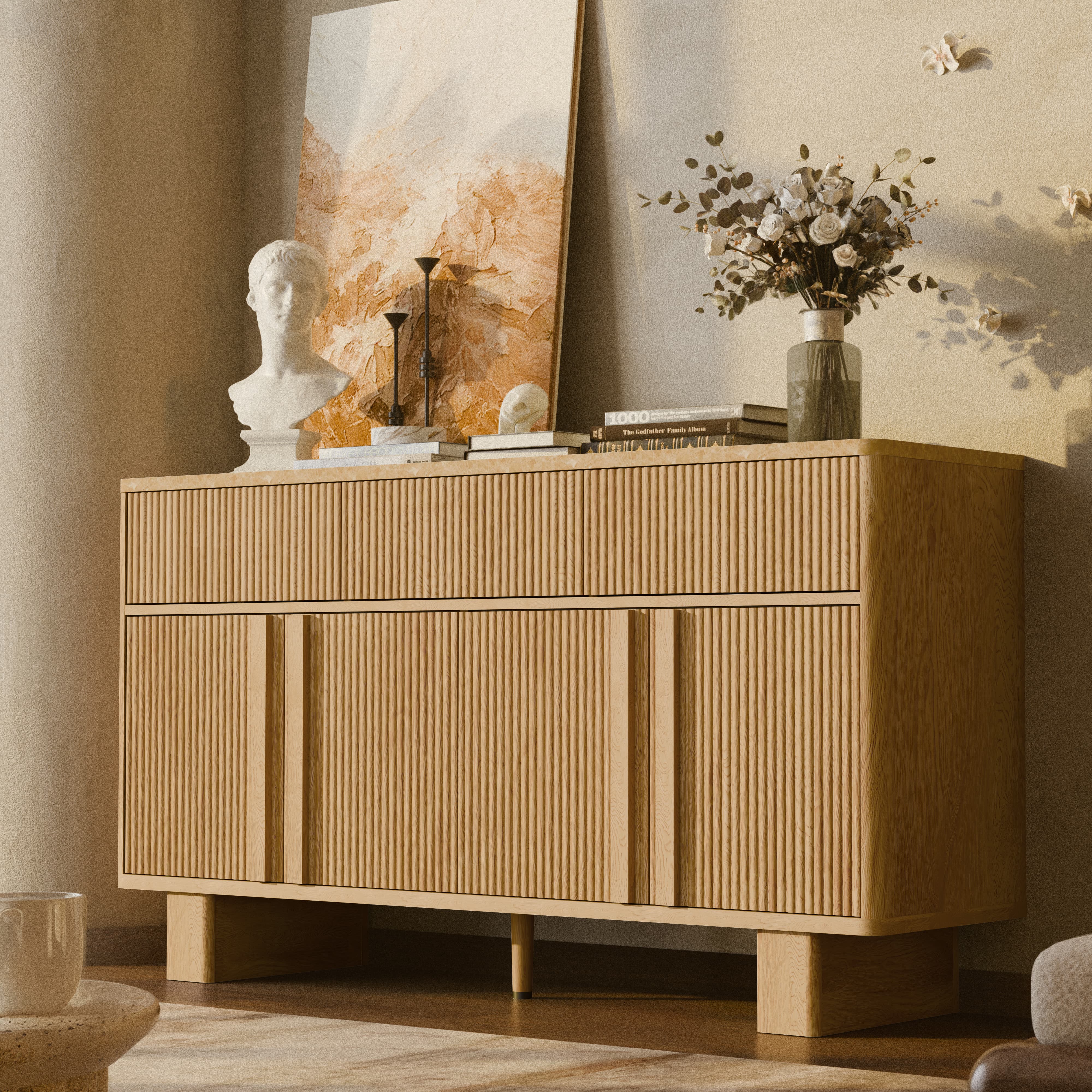 Modern Buffet Cabinet with Storage, 55" Wide Sideboard Cabinet with 3 Drawers and 4 Doors, Reinforced Wide Legs for Dining Room, Entryway & Living Room, Light Oak