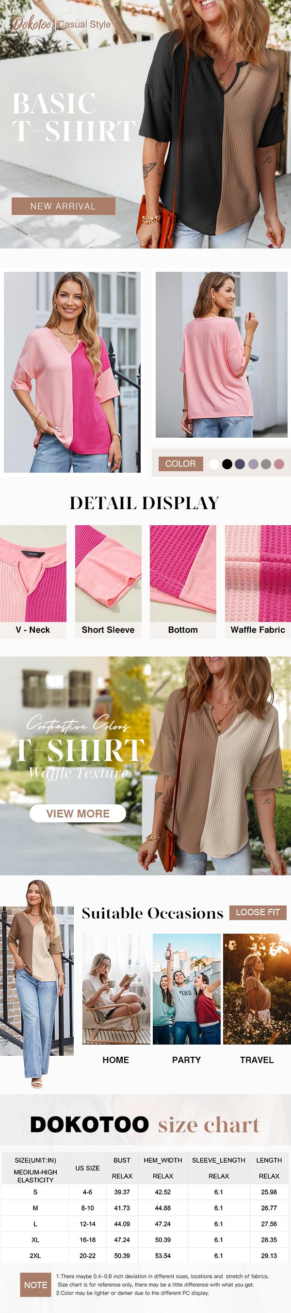 Dokotoo Womens Summer Tops Fashion 2026 Half Sleeve Waffle Knit Shirts Casual V Neck Colorblock Patchwork Blouses