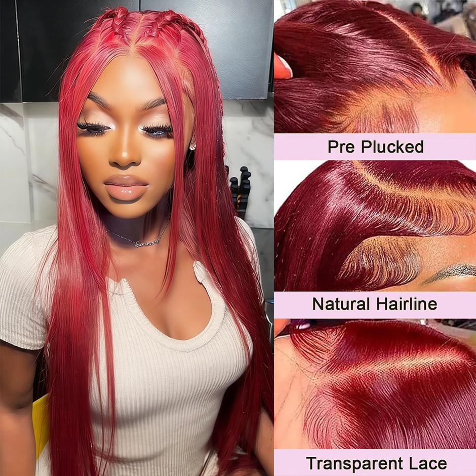 YAWAWE HAIR 99J Burgundy Red Lace Front Wigs Human Hair Straight 13x6 Transparent Lace Frontal Wigs Human Hair Pre Plucked with Baby Hair Colored Lace Front Hair Wigs for Women