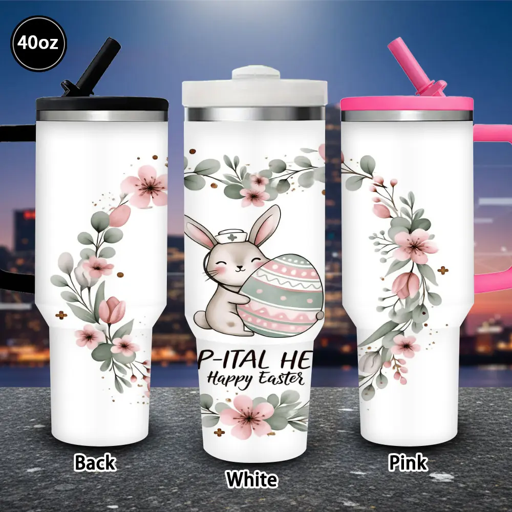 40 oz Cute Bunny & Easter Egg Floral Wreath Vacuum Flask Tumbler with Lid & Straw - Winter Insulation, Tumbler Shape, Ideal Valentine’s Day/Birthday Gift for Women, Perfect for Iced/Hot Coffee