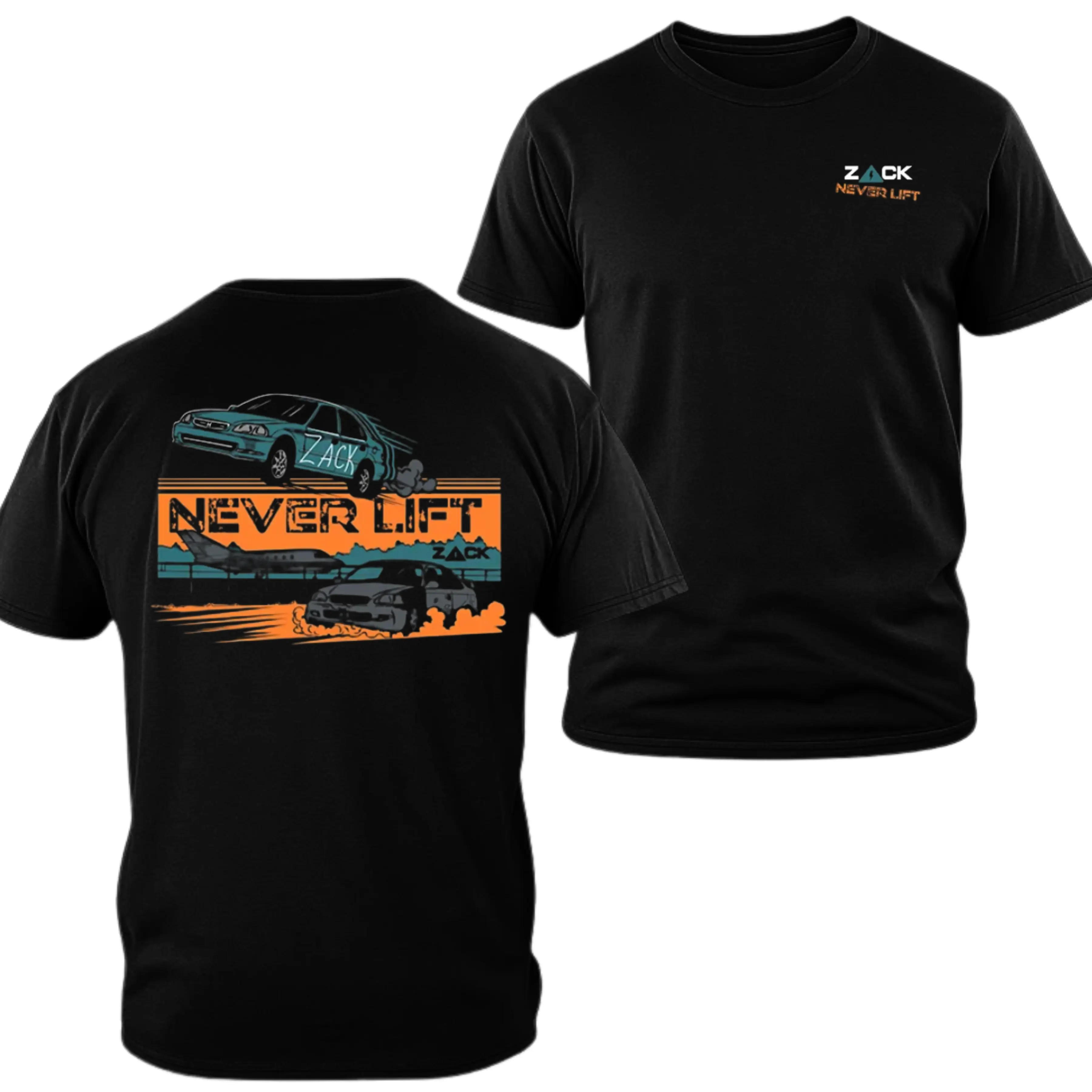 180g[100%cotton]Zack Never Lift T-shirt, 2 Sides Print Drag Racing Car Graphic Tee, Soft Cotton Blend Unisex T Shirt, Street Wear Graphic Tee, Summer Outfits Gift for Men Racing Fans