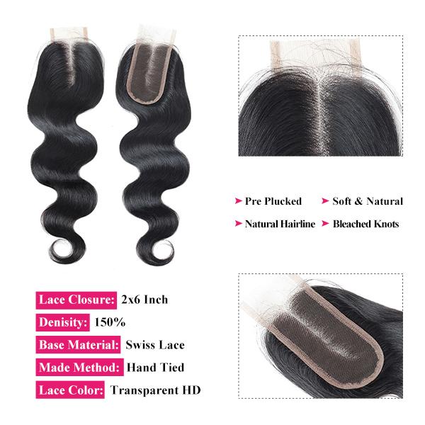 2x6 Lace Closure With Bundles Body Wave Bundles With Closure Virgin Human Hair Bundles with Closure 4x4 Inch Quick Weave Extensions