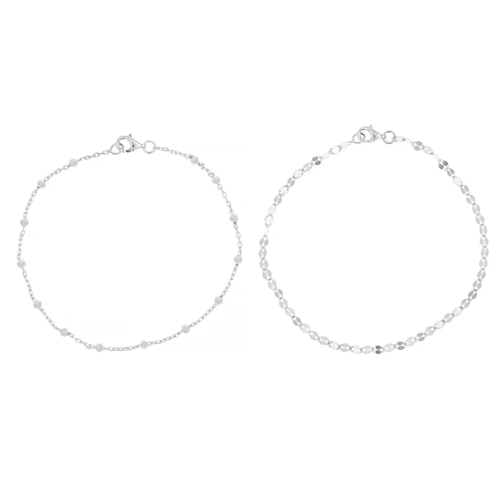 Unisex Sterling Silver 2-Piece Cable-Mirror Bracelet Set for Adults, 2.5mm Cable Chain and 3mm Mirror Link with Lobster Clasp